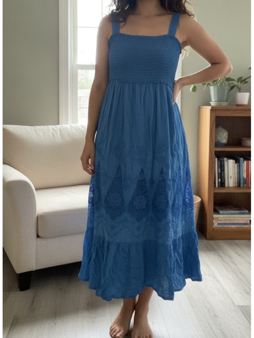 Knox Rose Blue Smocked Maxi Dress with Lace Cutouts XL